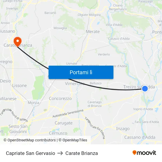 Capriate San Gervasio to Carate Brianza map