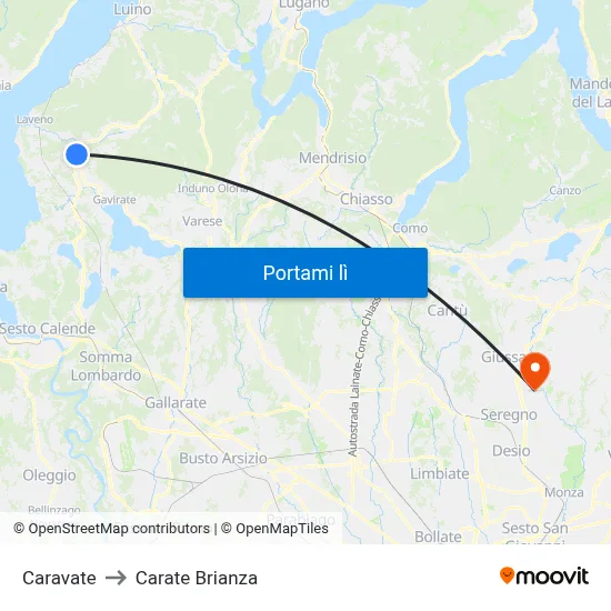 Caravate to Carate Brianza map