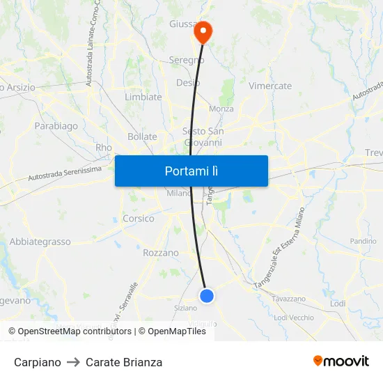 Carpiano to Carate Brianza map