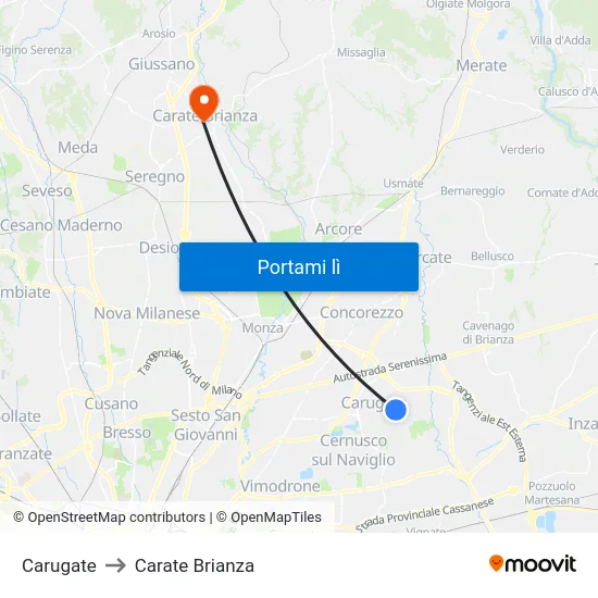 Carugate to Carate Brianza map