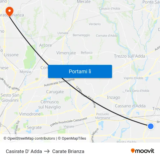 Casirate D' Adda to Carate Brianza map