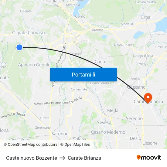 Castelnuovo Bozzente to Carate Brianza map