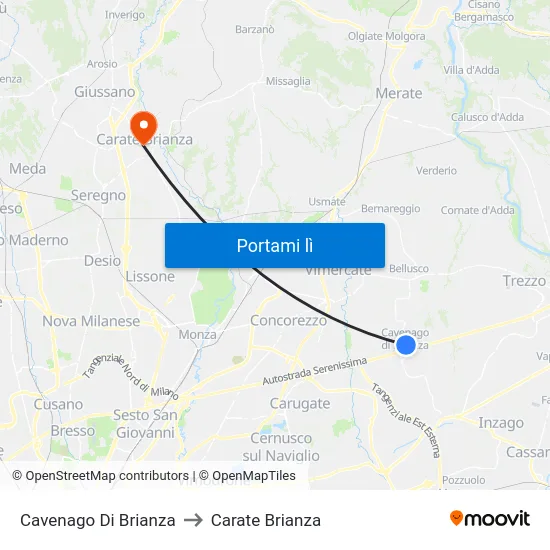 Cavenago Di Brianza to Carate Brianza map