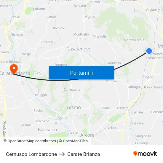 Cernusco Lombardone to Carate Brianza map