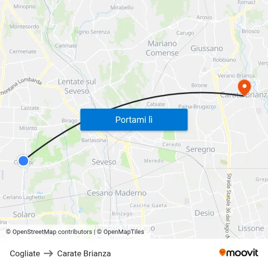 Cogliate to Carate Brianza map