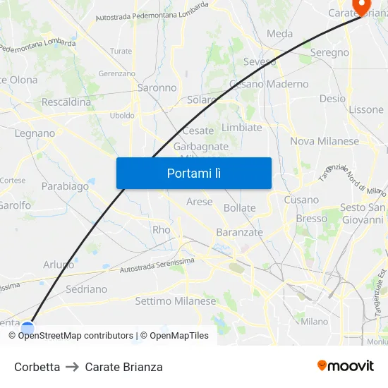 Corbetta to Carate Brianza map