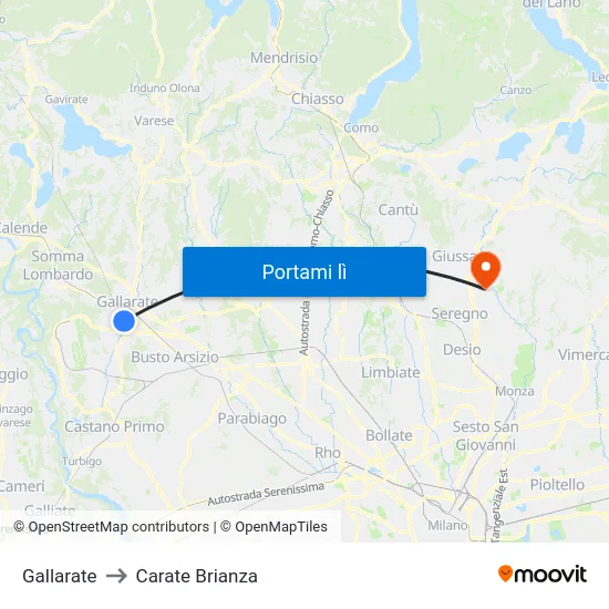 Gallarate to Carate Brianza map