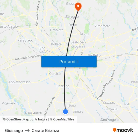 Giussago to Carate Brianza map