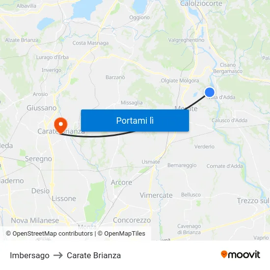 Imbersago to Carate Brianza map