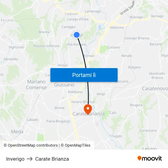 Inverigo to Carate Brianza map