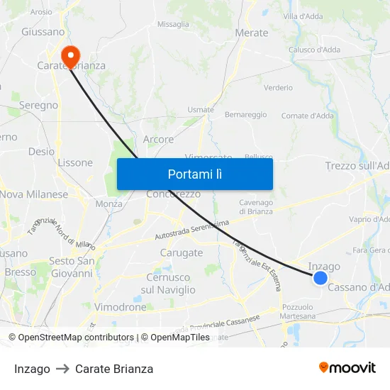 Inzago to Carate Brianza map