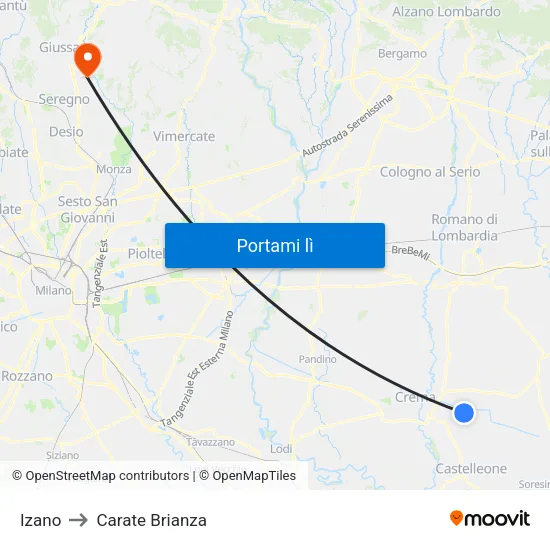 Izano to Carate Brianza map