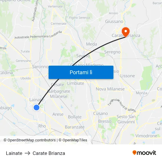 Lainate to Carate Brianza map