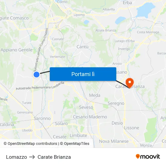 Lomazzo to Carate Brianza map