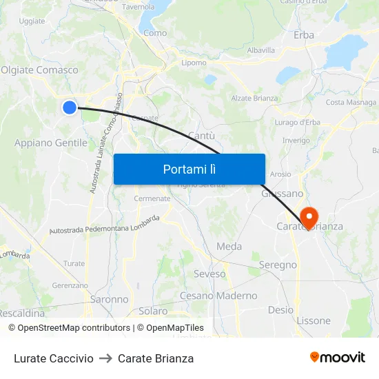 Lurate Caccivio to Carate Brianza map