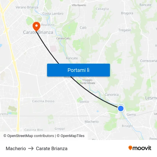 Macherio to Carate Brianza map