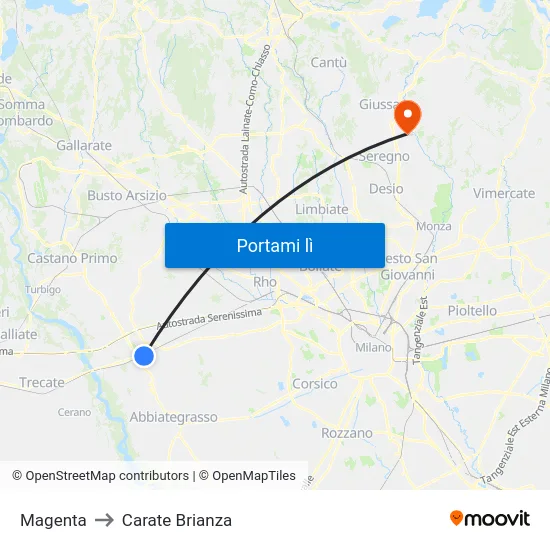 Magenta to Carate Brianza map