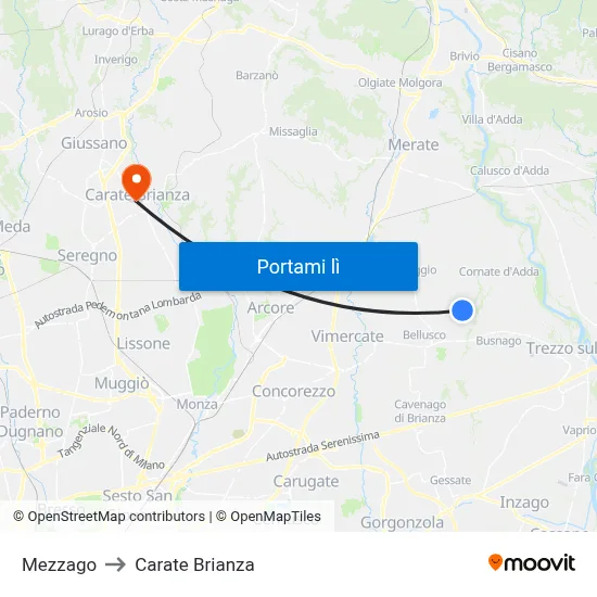Mezzago to Carate Brianza map