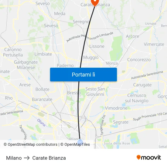 Milano to Carate Brianza map