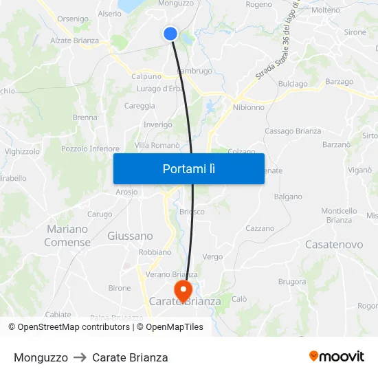 Monguzzo to Carate Brianza map