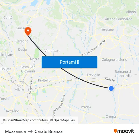 Mozzanica to Carate Brianza map