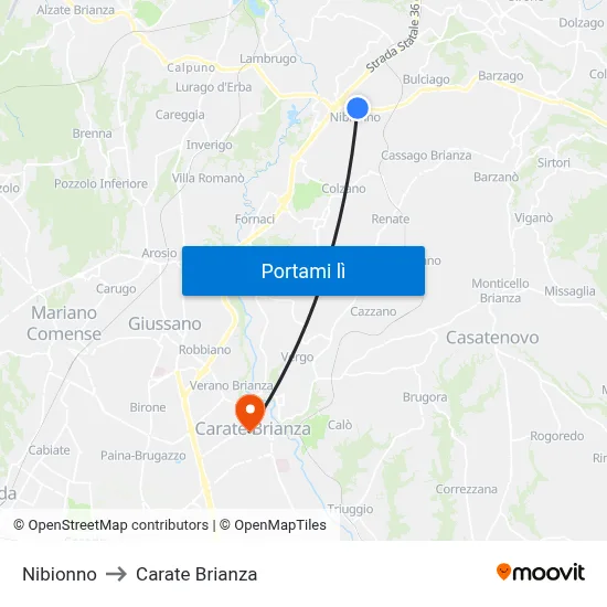 Nibionno to Carate Brianza map