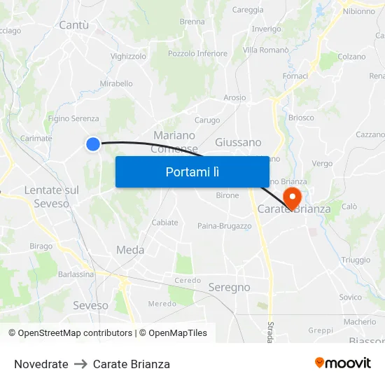 Novedrate to Carate Brianza map