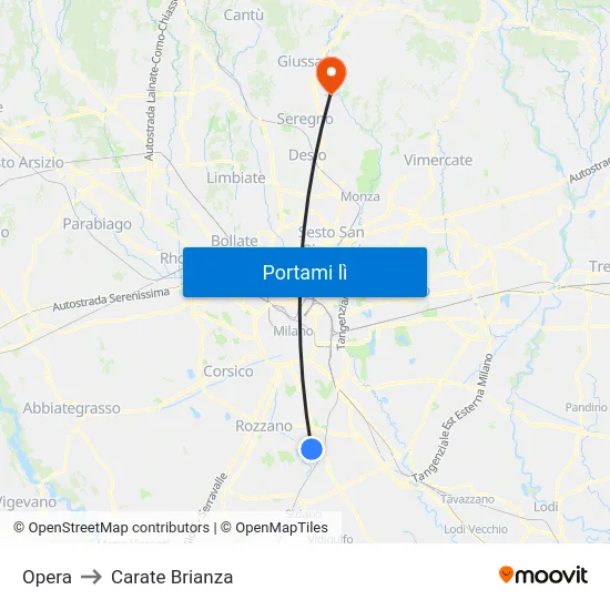 Opera to Carate Brianza map