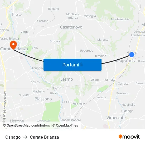 Osnago to Carate Brianza map