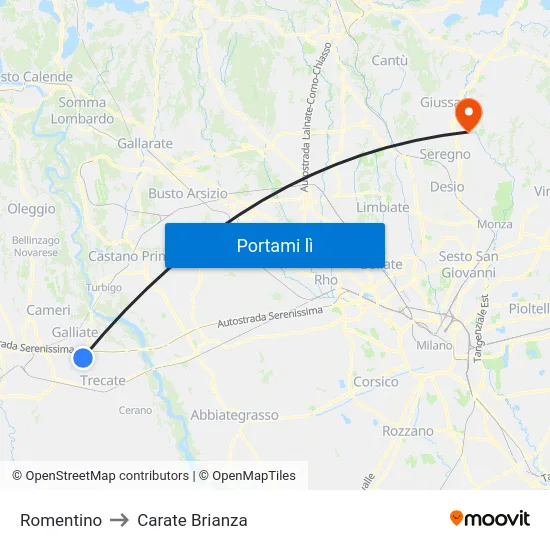 Romentino to Carate Brianza map