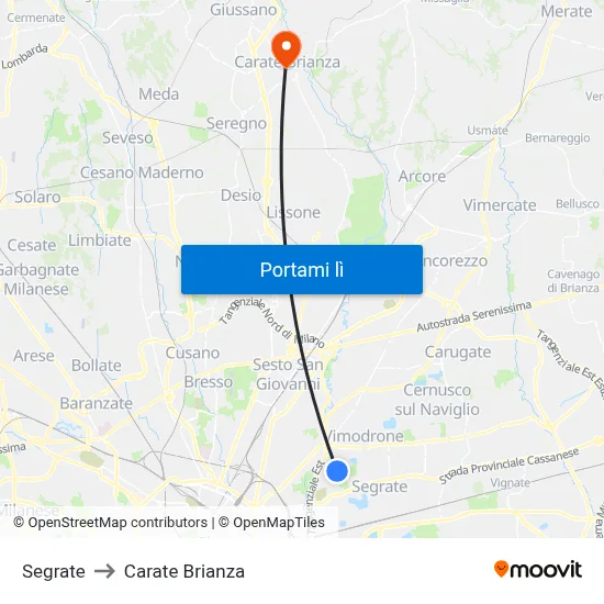 Segrate to Carate Brianza map