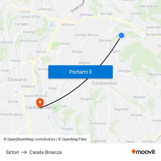 Sirtori to Carate Brianza map