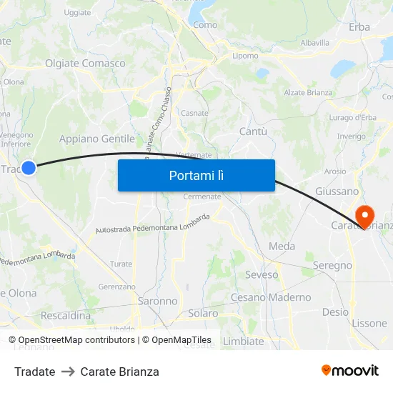 Tradate to Carate Brianza map