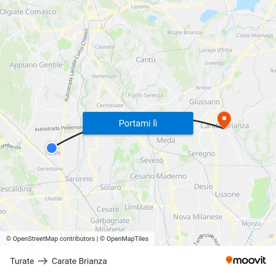 Turate to Carate Brianza map