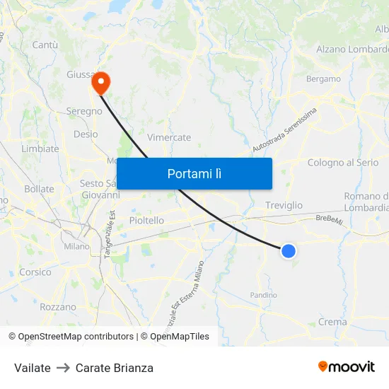 Vailate to Carate Brianza map