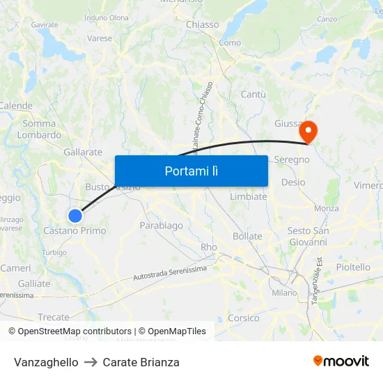 Vanzaghello to Carate Brianza map