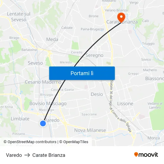 Varedo to Carate Brianza map