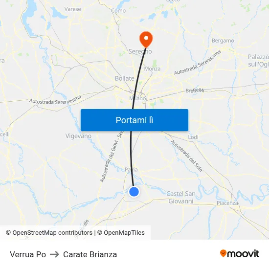 Verrua Po to Carate Brianza map