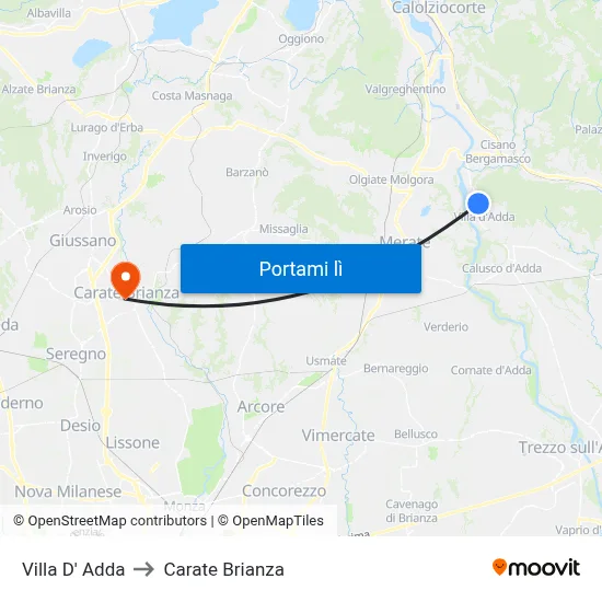 Villa D' Adda to Carate Brianza map