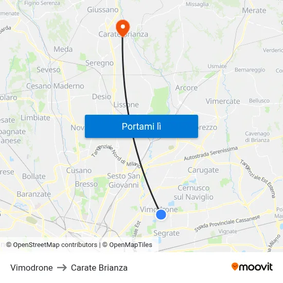 Vimodrone to Carate Brianza map