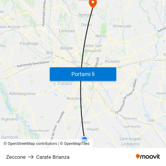 Zeccone to Carate Brianza map