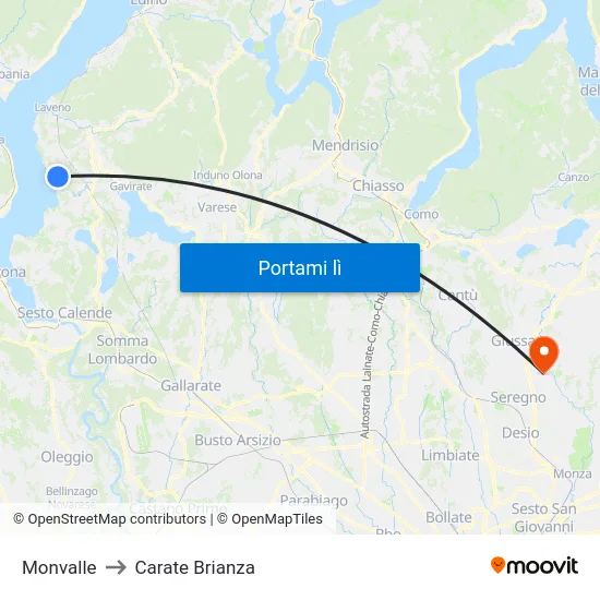 Monvalle to Carate Brianza map
