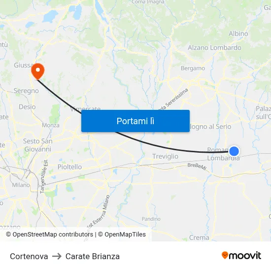 Cortenova to Carate Brianza map