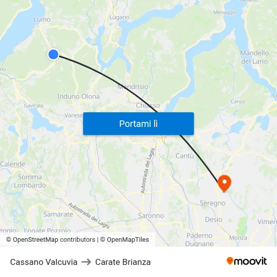 Cassano Valcuvia to Carate Brianza map