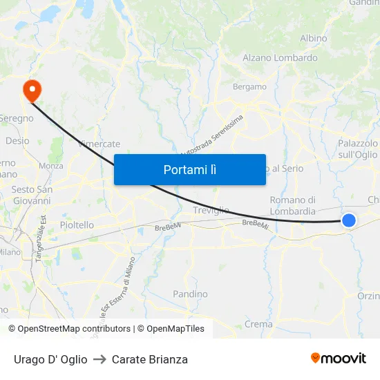 Urago D' Oglio to Carate Brianza map
