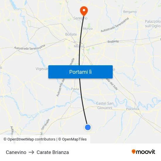 Canevino to Carate Brianza map