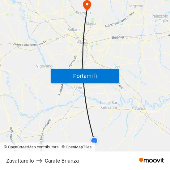 Zavattarello to Carate Brianza map