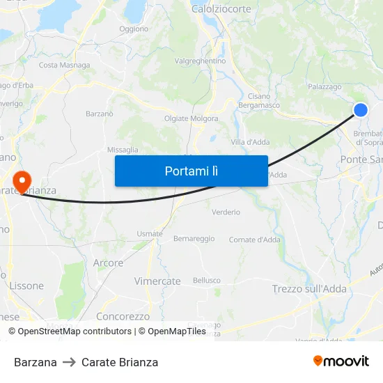 Barzana to Carate Brianza map