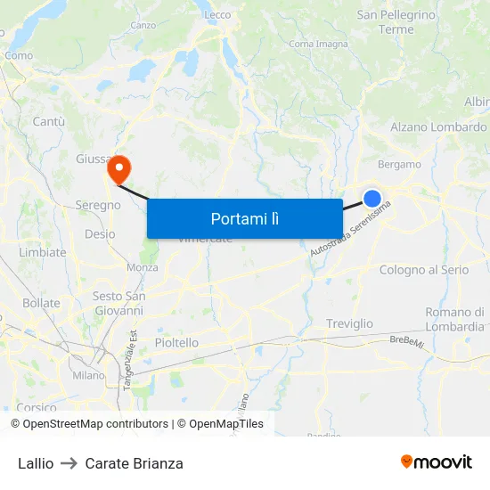Lallio to Carate Brianza map