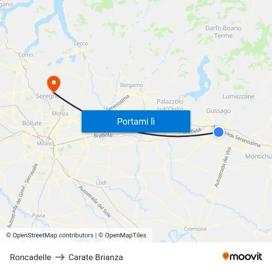 Roncadelle to Carate Brianza map